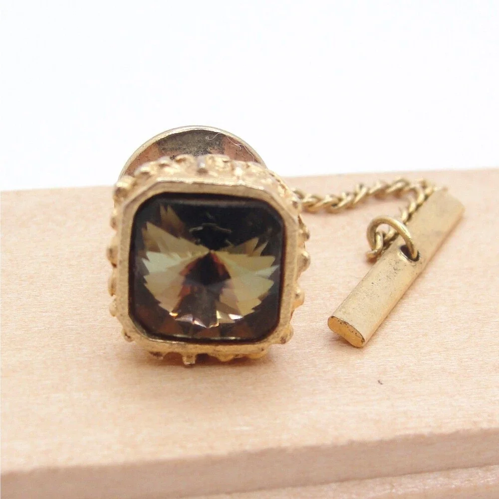 Vintage Gold Tone Square Smoky Crystal Rhinestone Tie Tac Pin Chain Wedding